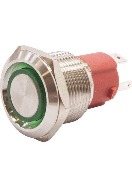 19D-P1-E 19MM Düz Yaylı Işıklı Metal Buton - Yeşil