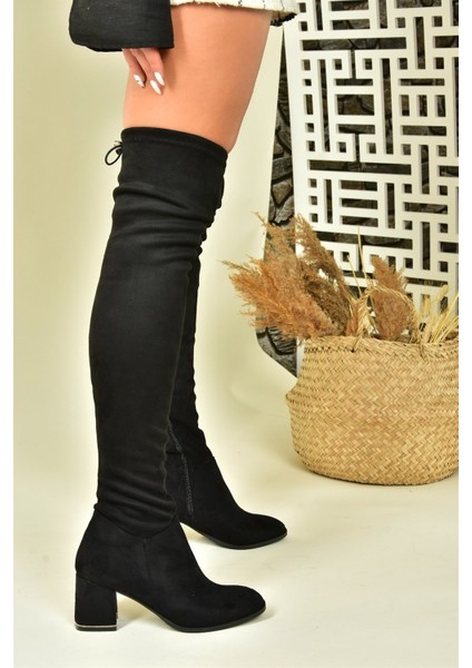 Kadın Süet Dizüstü Çizme Kalın Topuk 7 cm Şık