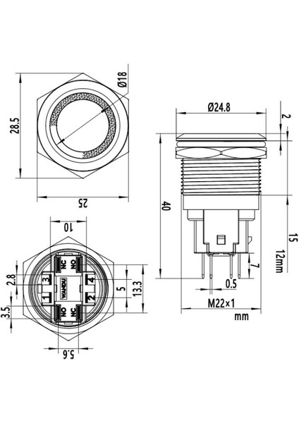 22E-P1Z-E 22MM Düz Anahtarlı Işıklı Metal Buton - Sarı