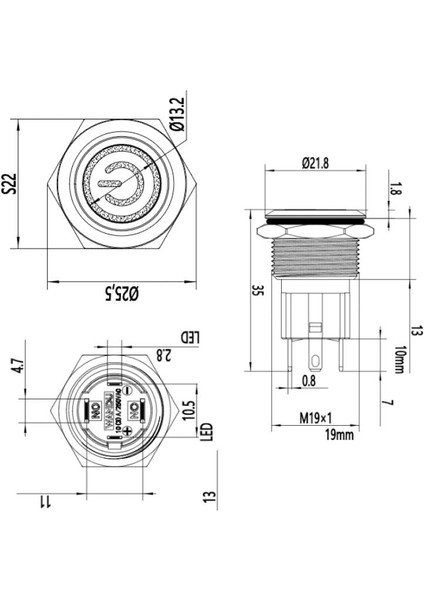 19D-P1-EC 19MM Düz Yaylı Işıklı Power Metal Buton - Beyaz