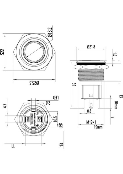 19D-P1Z-E 19MM Düz Anahtarlı Işıklı Metal Buton - Yeşil