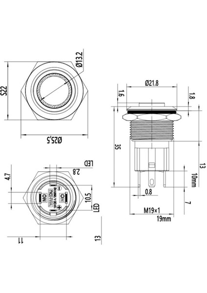 19D-G1Z-E 19MM Çıkık Anahtarlı Işıklı Metal Buton - Beyaz