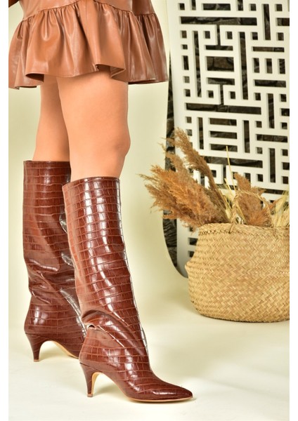 Taba Kroko Baskı Alçak Topuklu Kadın Çizme N749204011 fiyatları