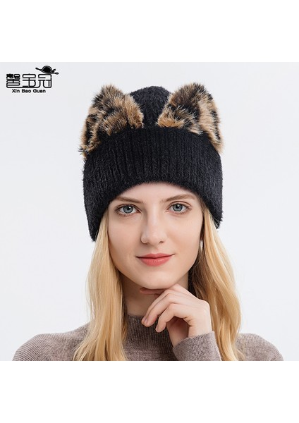 Yünlü Şapka Kore Leopar Kedi Kulak Şapka Kadın Streç Örgü Soğuk Şapka Sıcak fiyatları