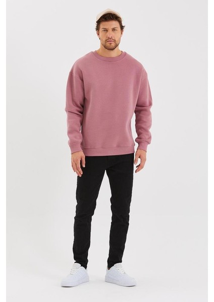 Bisiklet Yaka Şardonlu Basic Sweatshirt Somon