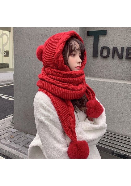 Yün Top Şapka Sevimli Sıcak Eşarp Tek Parça Örme (Yurt Dışından)