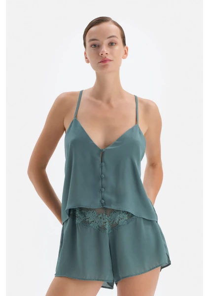 Yeşil Dantel ve Düğme Detaylı Camisole