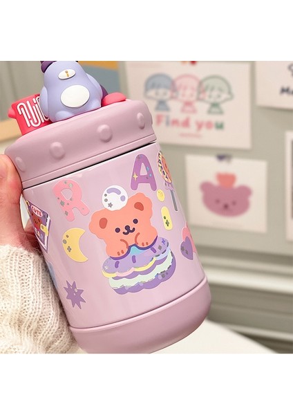 370ML Cute Bear Thermos Water Bottle With Straw Sticker Stainless Steel Insulated Hot Drink Cup (Yurt Dışından)