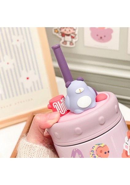 370ML Cute Bear Thermos Water Bottle With Straw Sticker Stainless Steel Insulated Hot Drink Cup (Yurt Dışından) modelleri