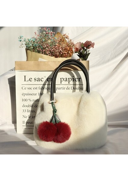 Kiraz Kolye Peluş Tote Faux Fur Küçük Tote Omuz Çantası (Yurt Dışından)