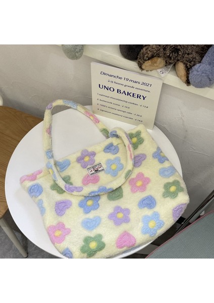 Yumuşak Peluş Çiçek Omuz Çantası Sevimli Çiçek Faux Fur Casual Tote Çanta Büyük Kapasiteli Okul Çantası (Yurt Dışından)