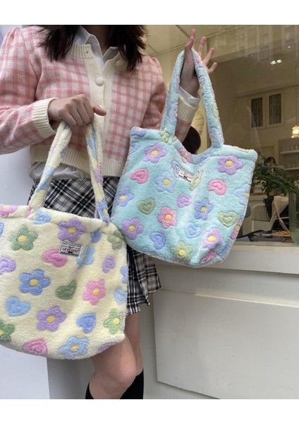 Yumuşak Peluş Çiçek Omuz Çantası Sevimli Çiçek Faux Fur Casual Tote Çanta Büyük Kapasiteli Okul Çantası (Yurt Dışından) modelleri