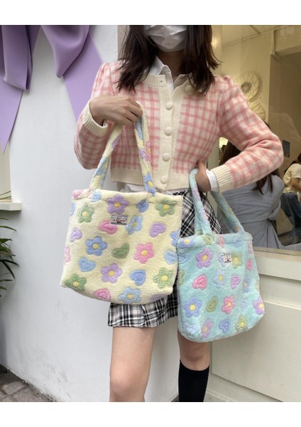 Yumuşak Peluş Çiçek Omuz Çantası Sevimli Çiçek Faux Fur Casual Tote Çanta Büyük Kapasiteli Okul Çantası (Yurt Dışından) fırsatları