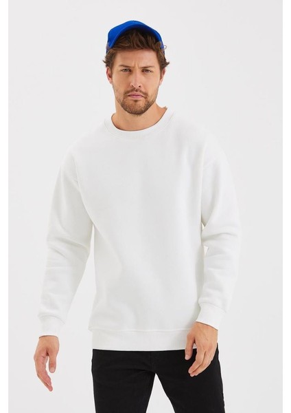 Bisiklet Yaka Şardonlu Basic Sweatshirt Ekru