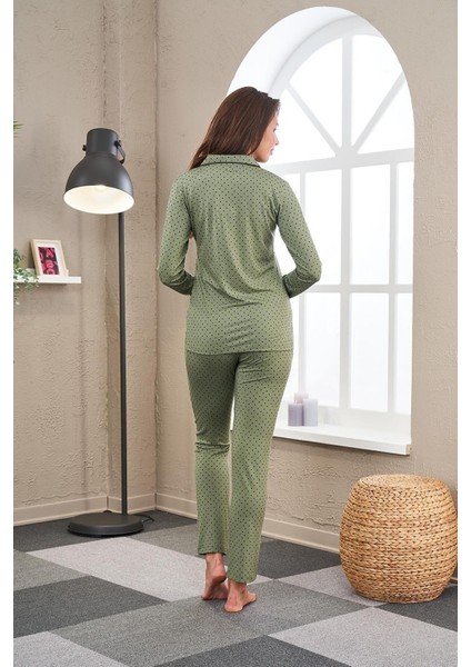 Kadın Uzun Kol Boy Düğmeli Pijama Takımı 23523