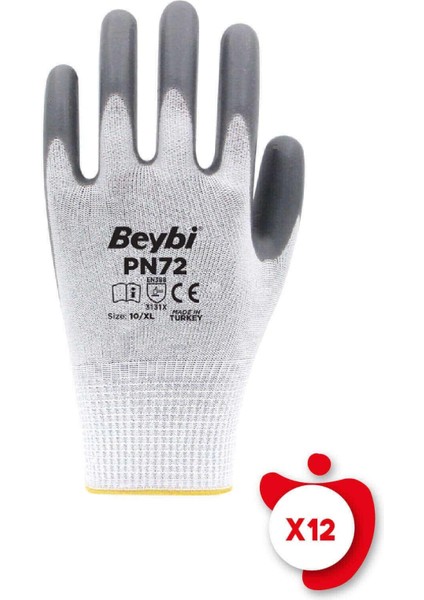 PN72 Gri-Beyaz Polyester Örme Nitril Iş Eldiveni 10 Beden 12 Çift