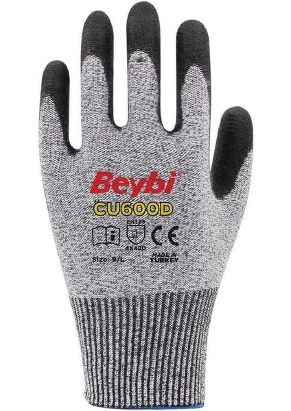 CU-600D Gri-Siyah Pu Kaplı Polietilen Kesilme Dirençli Örme Iş Eldiven 9 Beden