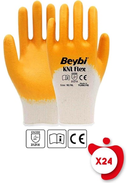 Kn1 Flex Sarı Pamuk Nitril Iş Eldiveni 10 Beden 24 Çift