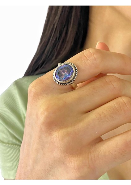 925 Gümüş Oval Mistik Topaz Taşlı Özel Model Yüzük modelleri