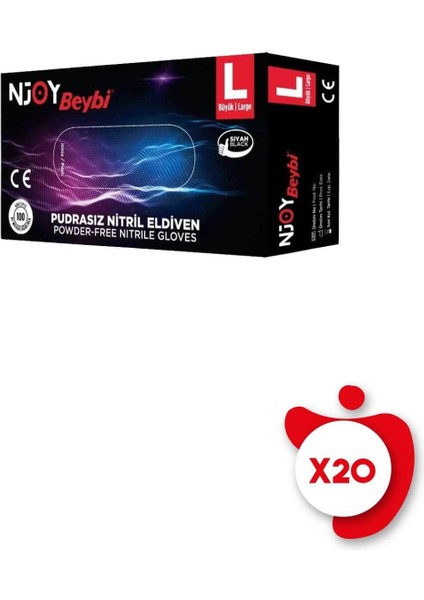 Pudrasız Nitril N-Joy Eldiven L Beden Siyah 100'lü 20 Paket