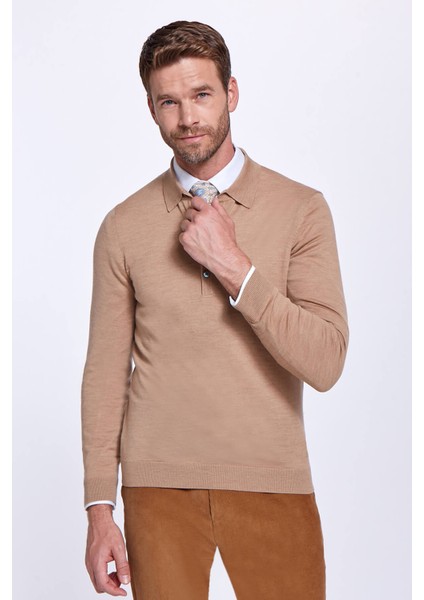 Polo Yaka Merino Yün Camel Triko