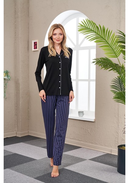 Kadın Uzun Kollu Boy Düğmeli Pijama Takımı 23541
