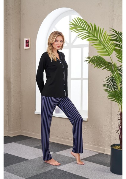 Kadın Uzun Kollu Boy Düğmeli Pijama Takımı 23541