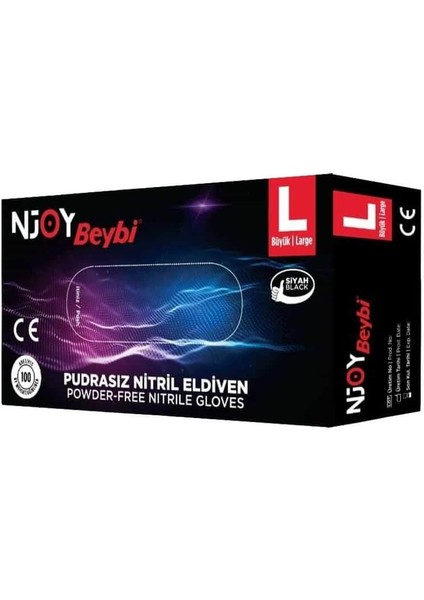 Pudrasız Nitril N-Joy Eldiven L Beden Siyah 100'lü