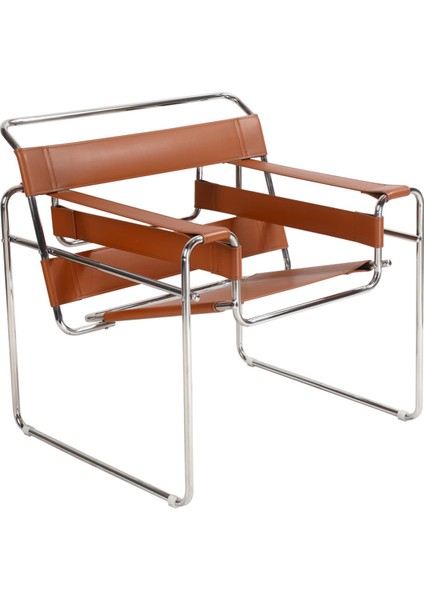 Wassily Chair Kiremit Renk Deri Döşemeli Paslanmaz Gövde Sandalye, Koltuk