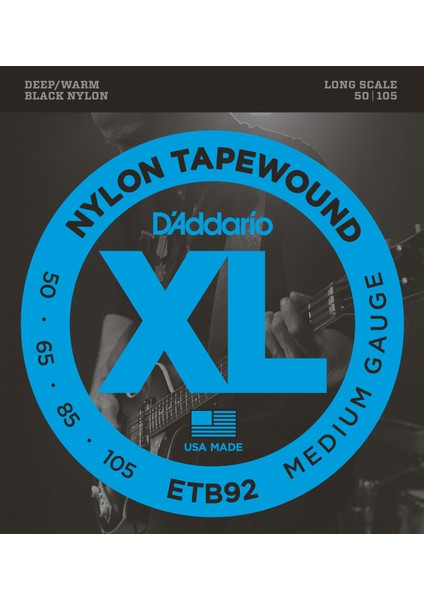 Müzik D'Addario ETB92 Bas Gitar Tel Seti, Xl Serisi, Nylon Tapewound, Bl