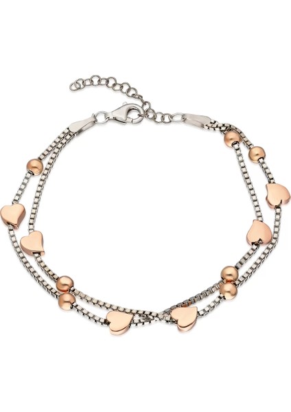 Kadın Gümüş Kalp Charm Ikili Rose Bileklik