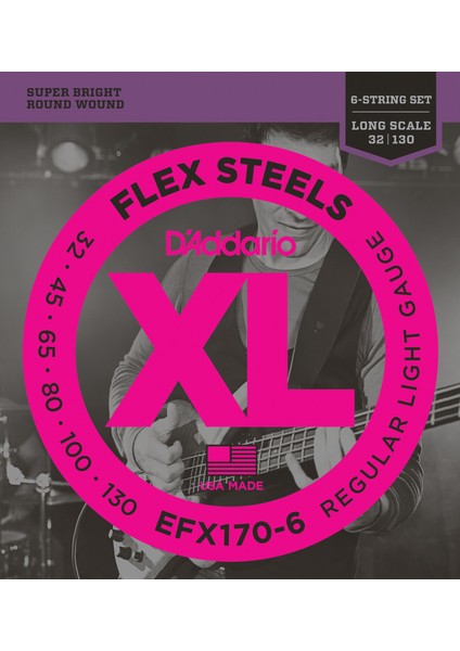 Müzik D'Addario EFX170-6 Bas Gitar Tel Seti, 6 Telli, Flexsteels, Regular L