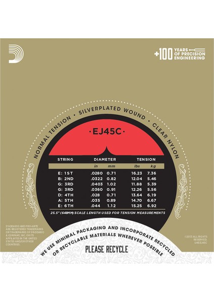 Müzik D'Addario EJ45C Klasik Gitar Tel Seti, Pro-Arte, Composıte Core, S
