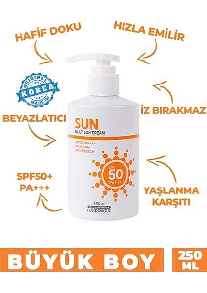 MULTİ SUN 250ML ADENOZİN İÇEREN YAPIŞKAN HİS BIRAKMAYAN LEKE KARŞITI SPF50 PA+++ UVA/UVB GÜNEŞ KREMİ