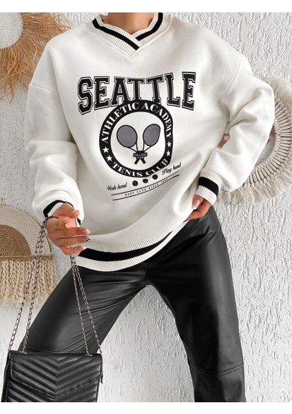 Seattle Baskılı 3 Iplik Oversize Sweatshirt