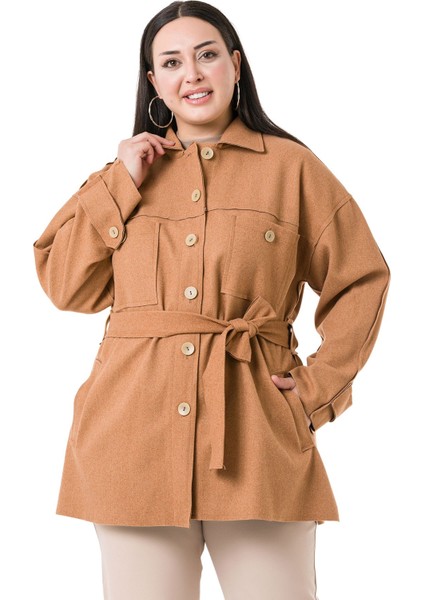 Büyük Beden Robalı Yanları Yırtmaçlı Fleto Cepli Kuşaklı Kaşe Camel Ceket fiyatları