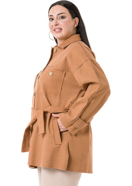 Büyük Beden Robalı Yanları Yırtmaçlı Fleto Cepli Kuşaklı Kaşe Camel Ceket fırsatları