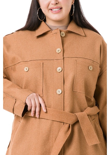 Büyük Beden Robalı Yanları Yırtmaçlı Fleto Cepli Kuşaklı Kaşe Camel Ceket indirimleri