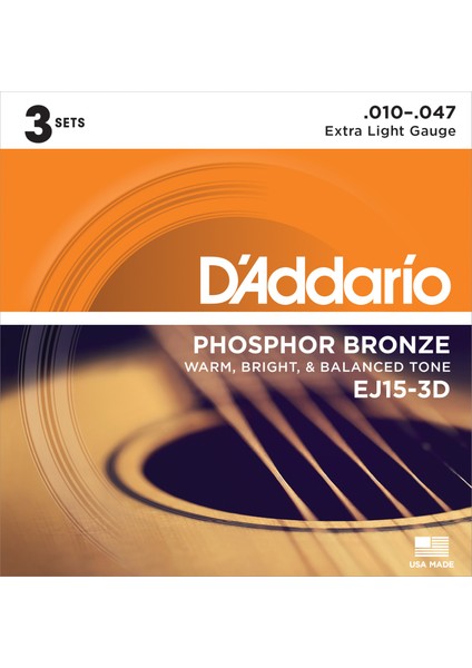 Müzik D'Addario EJ15-3D Akustik Gitar Tel Seti, 3&apos;lü Paket, Phosphor-Bronz