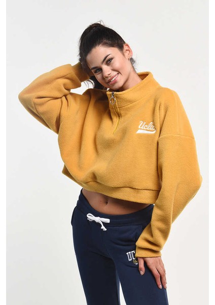 Happy Kahve Fermuarlı Nakışlı Kadın Sweatshirt