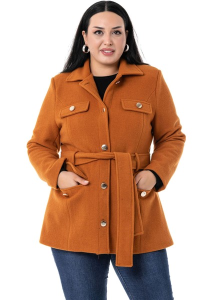 Büyük Beden Gömlek Yaka Kapaklı Cepli Kuşaklı Astarlı Tarçın Rengi Kaşe Kaban