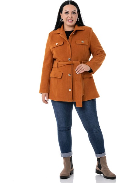 Büyük Beden Gömlek Yaka Kapaklı Cepli Kuşaklı Astarlı Tarçın Rengi Kaşe Kaban fiyatları