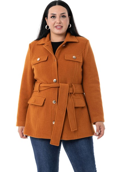 Büyük Beden Gömlek Yaka Kapaklı Cepli Kuşaklı Astarlı Tarçın Rengi Kaşe Kaban fırsatları