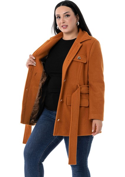 Büyük Beden Gömlek Yaka Kapaklı Cepli Kuşaklı Astarlı Tarçın Rengi Kaşe Kaban indirimleri