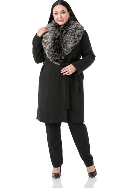 Büyük Beden Yakası Kürklü Yandan Cepli Kuşaklı Astarlı Siyah Kaşe Kaban