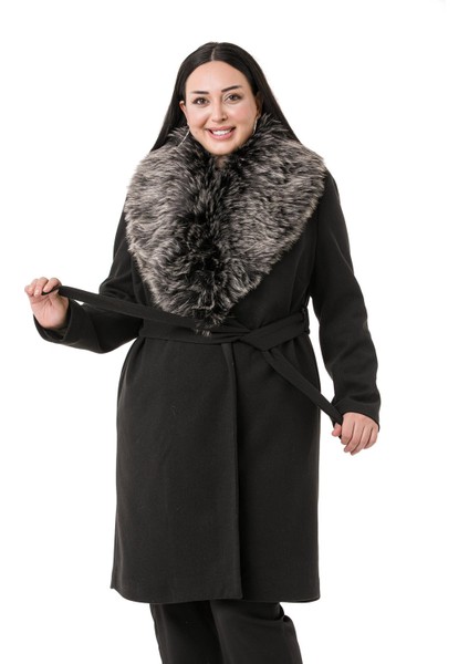 Büyük Beden Yakası Kürklü Yandan Cepli Kuşaklı Astarlı Siyah Kaşe Kaban fiyatları