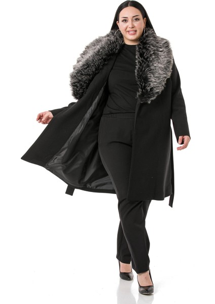Büyük Beden Yakası Kürklü Yandan Cepli Kuşaklı Astarlı Siyah Kaşe Kaban indirimleri