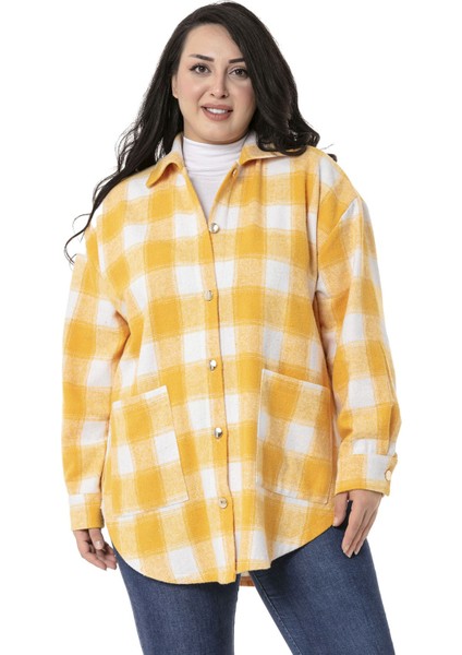 Büyük Beden Yandan Düğme Detaylı Torba Cepli Manşetli Sarı Gömlek