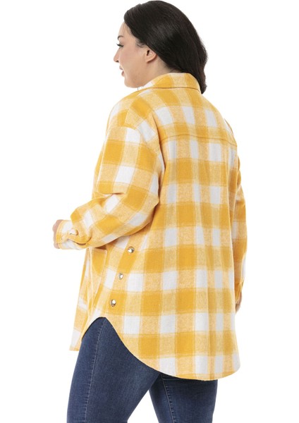 Büyük Beden Yandan Düğme Detaylı Torba Cepli Manşetli Sarı Gömlek modelleri