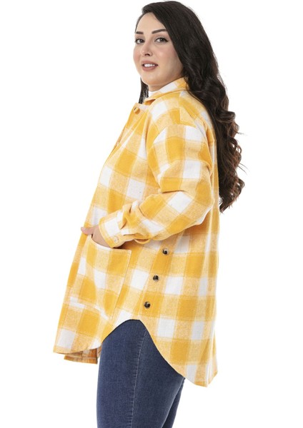 Büyük Beden Yandan Düğme Detaylı Torba Cepli Manşetli Sarı Gömlek indirimleri